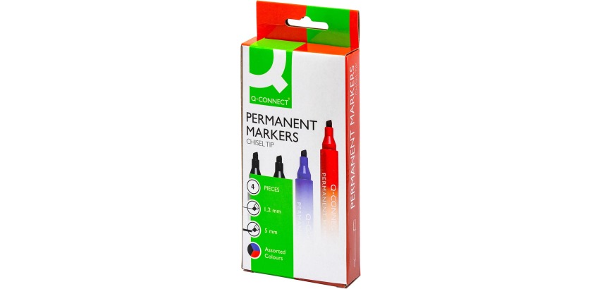 Q-CONNECT marqueur permanent, 2-5 mm, pointe biseautée, couleurs assorties, étui de 4 pièces