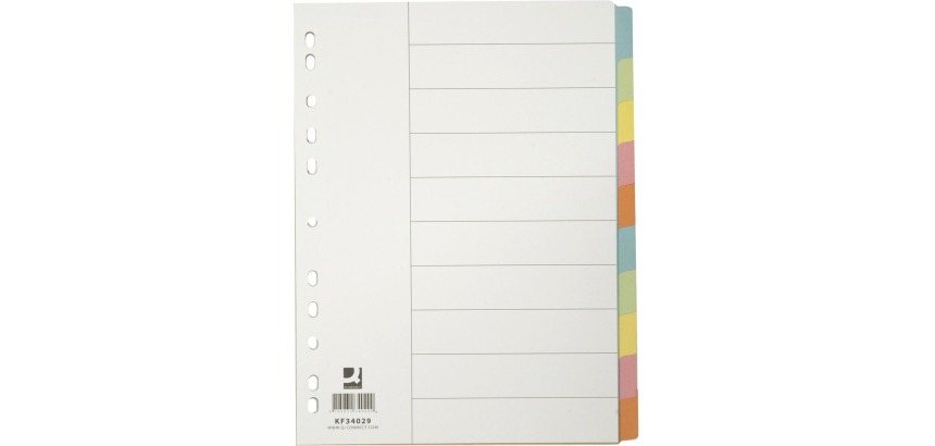 Q-CONNECT dividers, A4, cardboard, 11 holes, 10 tabs, assorted colors