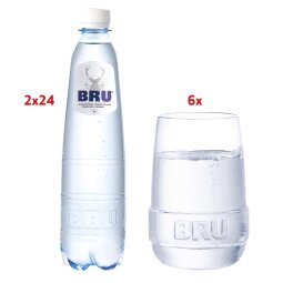 Action Bru eau légèrement pétillante 50cl, 2 paquet de 24 pieces (05180) + GRATUIT 6 verres Bru (BRUGLAS)