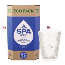 Action Spa Reine eau, non pétillant, 4 x eco pack de 5l (051829) + GRATUIT 6 verres Spa (SPAGLAF)