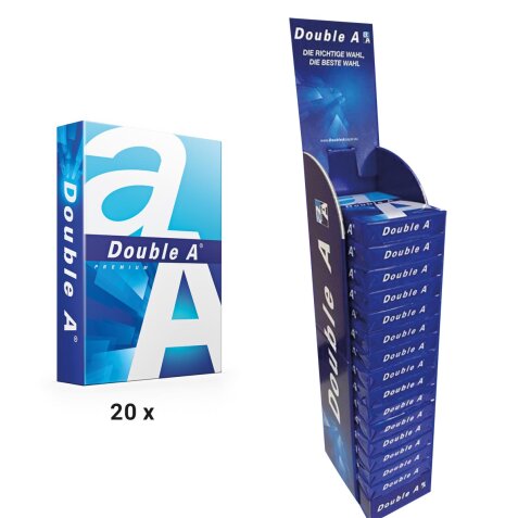 ACTION DOUBLE A: 20 x papier A4, 80 g, 500 feuilles (réf. D1022) + GRATUIT 1 x présentoir de présentation