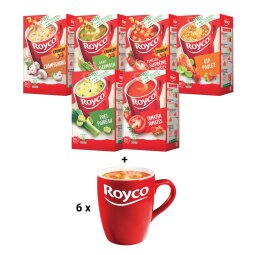 ACTIE Royco: prei + tomaat + champignon + st-Germain + tomaat croutons + kip + GRATIS 6 mokken