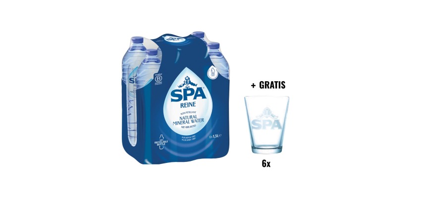 SPA ACTION: 1 x Spa Reine water, 1.5 L bottle, pack of 6 pieces + 1 x Spa Glass, 6 pieces