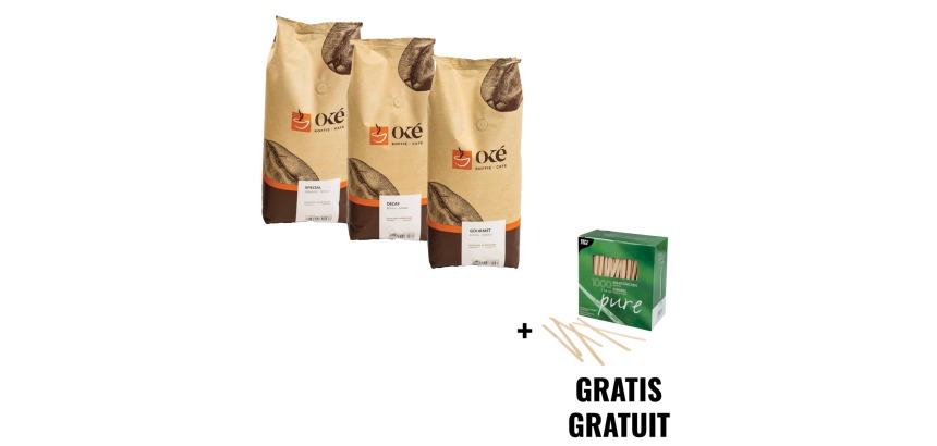 PACK PROMO café OKE - 3 paquets café moulu et grains 1kg + GRATUIT boîte de 1000 spatules