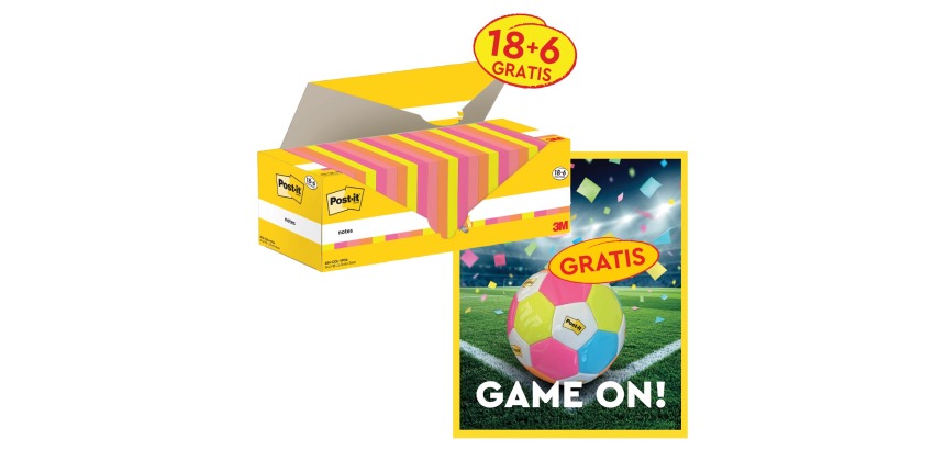 Actie Post-It: 1 x Notes, 100 vel, 76x76, assorti, 18 (+ 6 gratis) +1 x GRATIS voetbal