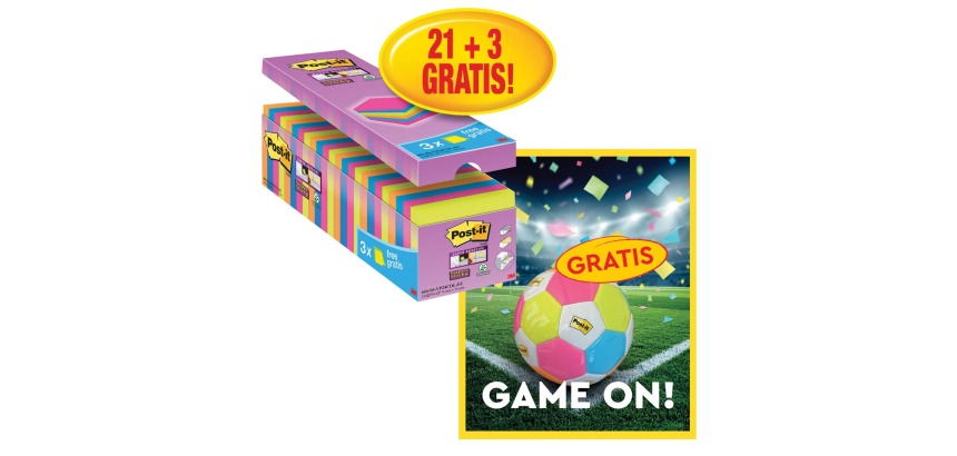 Post-It Action: 1 x Super Sticky notes, 90 sheets, 76x76, assorted, 21x (+3 free) + 1 x FREE balloon
