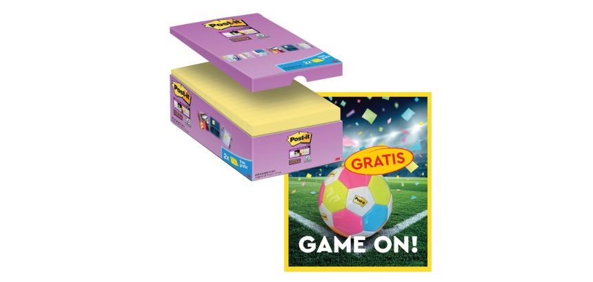 Actie Post-It: 1 x Super Sticky notes, 90 vel, 76x127, geel, pak van 14 (+2 gratis) + 1 x GRATIS voetbal