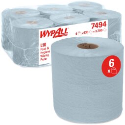 Wypall reinigingsdoeken L10, centerfeed, 1-laags, pak van 6 rollen, blauw