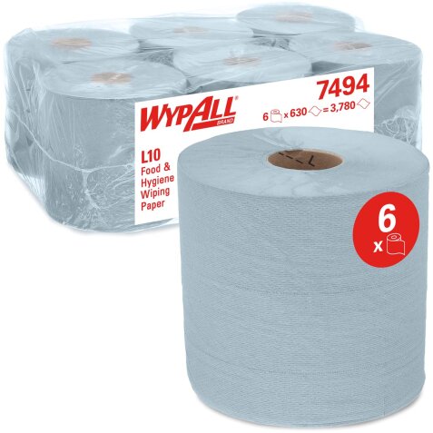 Wypall lingettes nettoyantes L10, centerfeed, 1 pli, paquet de 6 rouleaux, bleu