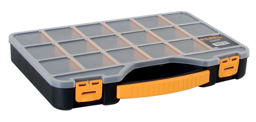 Perel Werkzeugkasten mit 18 Fächern, schwarz/gelb