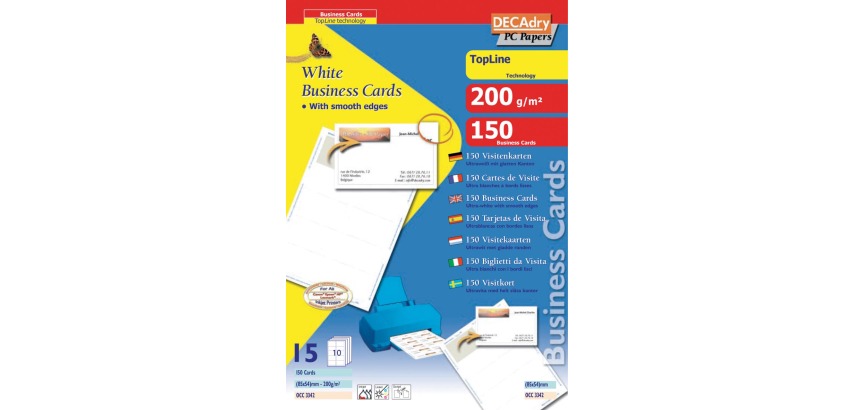 Decadry TopLine business cards, 150 cards, 10 cards per sheet 85 x 54 mm A4, straight corners