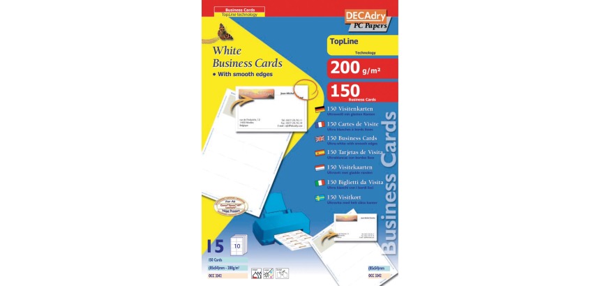 Decadry cartes de visite TopLine, 150 cartes, 10 cartes ft 85 x 54 mm par A4, coins droits