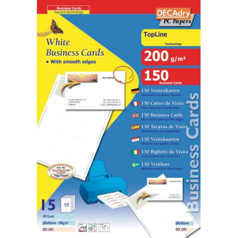 Decadry visitekaarten TopLine 150 kaartjes (10 kaartjes ft 85 x 54 mm per A4), rechte hoeken