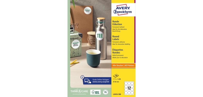 Avery Label L3416 round 60mm white 1200 pieces