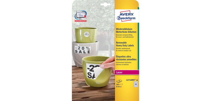 Avery ablösbare, feuchtigkeitsbeständige Etiketten, Durchmesser 30 mm, weiß, Schachtel mit 960 Etiketten