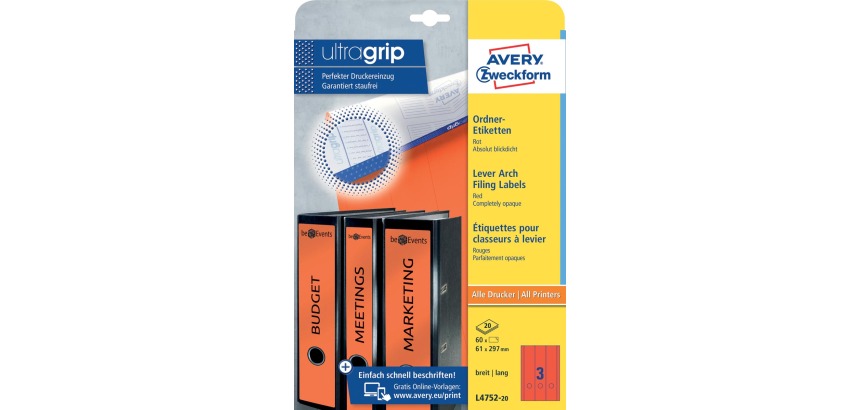 Avery Zweckform L4752-20 labels for lever arch files ft 29.7 x 6.1 cm (w x h), 60 labels, red