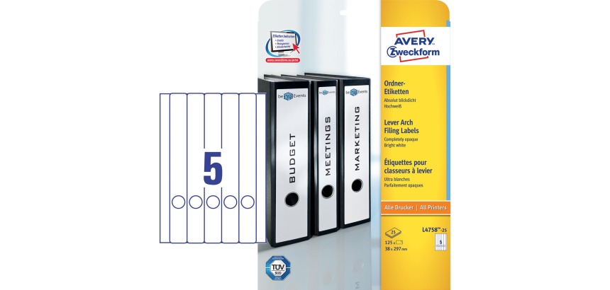 Avery Zweckform L4758-25 étiquettes pour classeurs à levier ft 38 x 297 mm (l x h), 125 étiquettes, bla