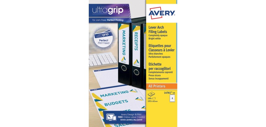 Avery Zweckform L4761-25 Etiketten für Ordner mit Hebelmechanik, Format 19,2 x 6,1 cm, 100 Etiketten, weiß