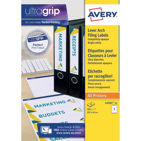 Avery Zweckform L4761-25 étiquettes pour classeurs à levier, ft 19,2 x 6,1 cm, 100 étiquettes, blanc