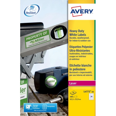 Avery Etiquettes blanches ultra-résistantes ft 63,5 x 33,9 mm (l x h), 480 pièces, 24 par feuille