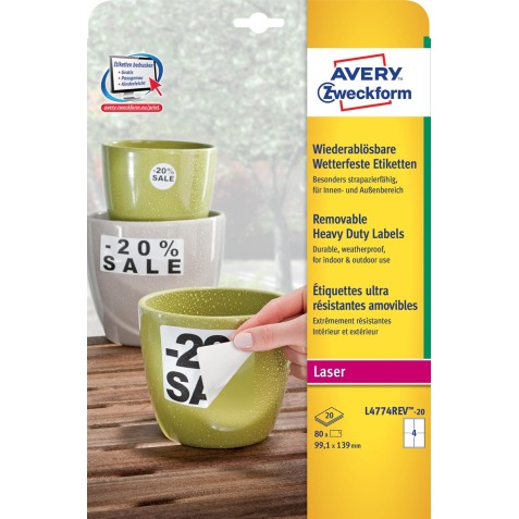 Avery afneembare weerbestendige etiketten Ft 99,1 x 139 mm (b x h), wit, doos van 80 etiketten