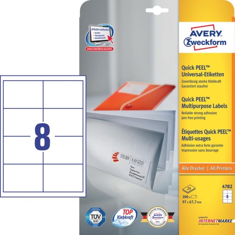 Avery Zweckform 4782, étiquettes universelles, Ultragrip, blanc, 25+5 feuilles, 97 x 67,7 mm