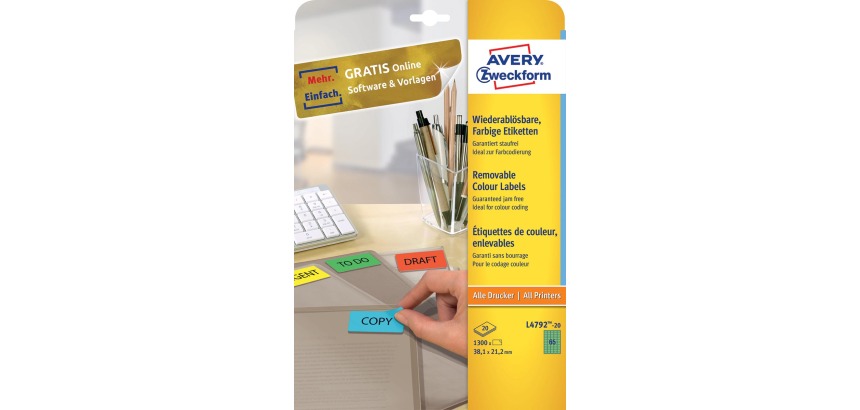 Avery étiquettes colorées ft 38,1 x 21,2 mm (l x h), enlevable, vert, 1300 pièces, 65 par feuille