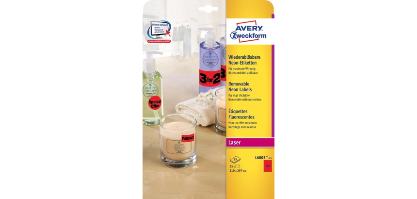 Avery étiquettes néon amovibles ft 210 x 297 mm (l x h), boîte de 25 feuilles, 25 pièces, rouge néon