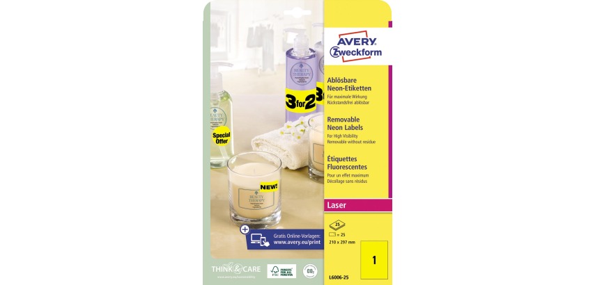 Avery removable neon labels, 210 x 297 mm (w x h), box of 25 sheets, 25 pieces, neon yellow