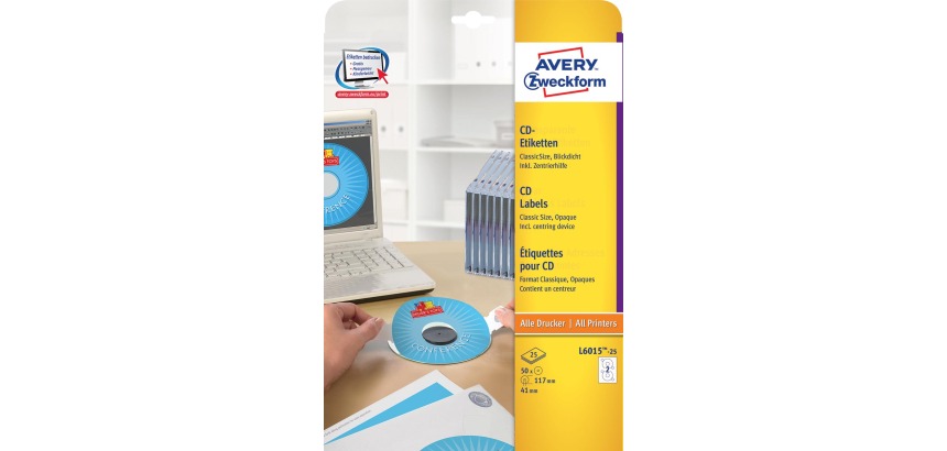 Avery Zweckform L6015-25 étiquettes pour CD, diamètre 117 mm, 50 étiquettes, blanc