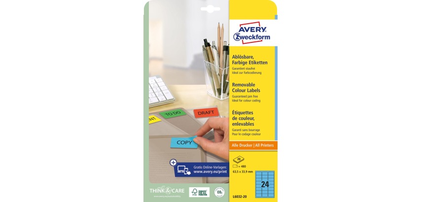 Avery Mini wiederablösbare Etiketten Größe 63,5 x 33,9 mm (B x H), 480 Stück, 24 pro Blatt, blau