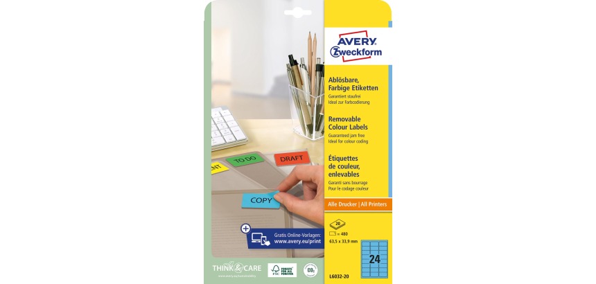 Avery Mini wiederablösbare Etiketten Größe 63,5 x 33,9 mm (B x H), 480 Stück, 24 pro Blatt, blau