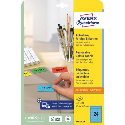 Avery afneembare gekleurde etiketten ft 63,5 x 33,9 mm (b x h), 480 stuks, 24 per blad, blauw