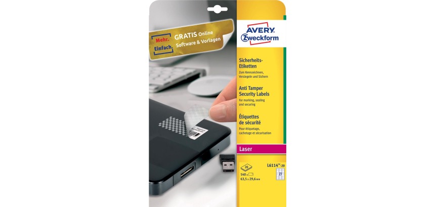 Avery étiquettes de sécurité, ft 63,5 x 29,6 mm, 540 pièces, 27 par feuille, boîte de 20 feuille