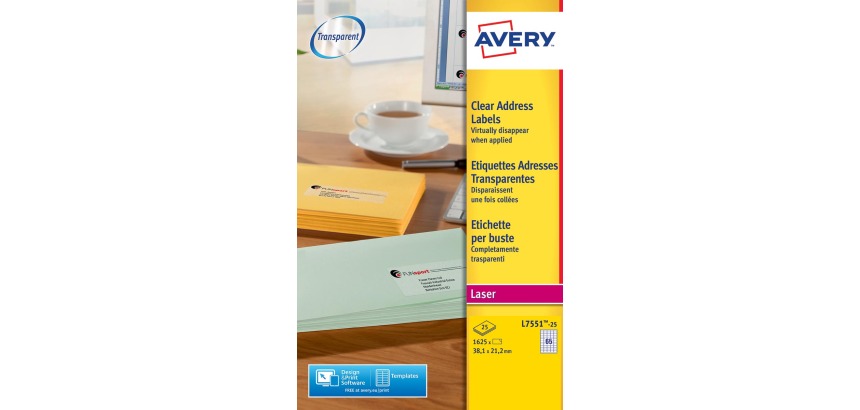 Avery L7551-25 étiquettes adresse ft 38,1 x 21,2 mm (b x h), 1.625 étiquettes, transparent