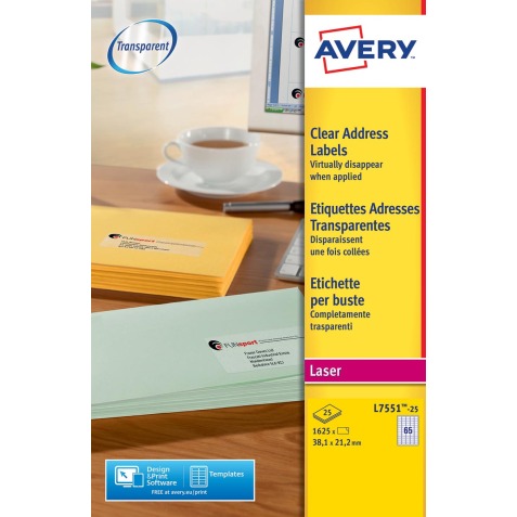 Avery L7551-25 étiquettes adresse ft 38,1 x 21,2 mm (b x h), 1.625 étiquettes, transparent