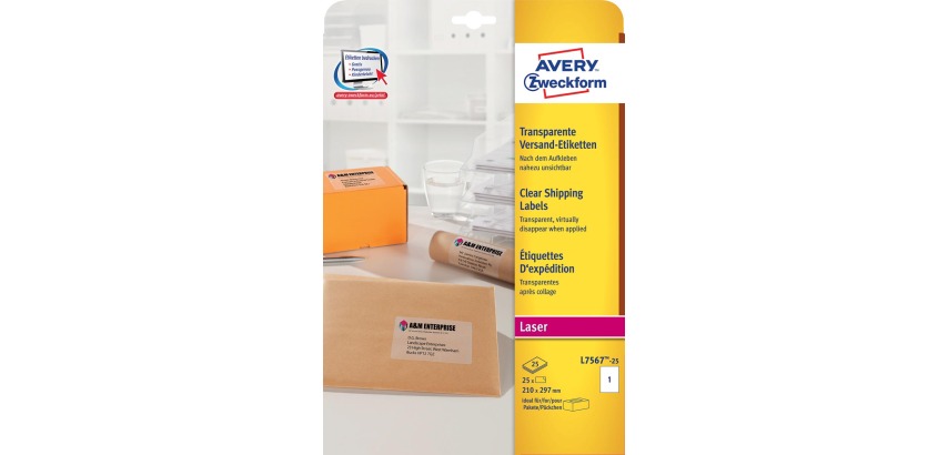 Avery L7567-25 Versandetiketten 210 x 297 mm (B x H), 25 Etiketten, transparent