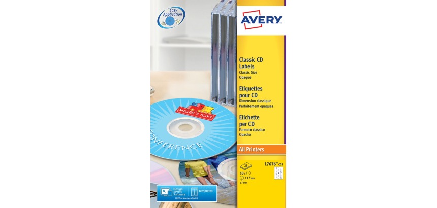 Avery L7676-25 Etiketten für CDs, Durchmesser 117 mm, 50 Etiketten, weiß