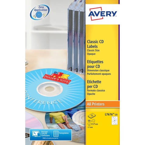 Avery L7676-25 étiquettes pour CD, diamètre 117 mm, 50 étiquettes, blanc