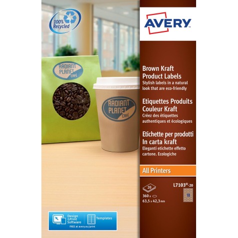Avery L7103-20 étiquettes produits ft 63,5 x 42,3 mm (b x h), 360 étiquettes, kraft, ovale