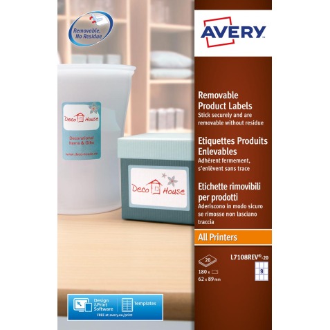 Avery Etiquettes repositionnables ft 62 x 89 mm (l x h), 180 pièces, 9 par feuille, boîte de 20 feuilles