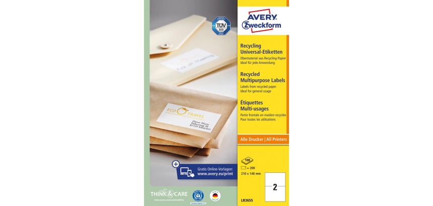 Etiket Avery LR3655 210x148mm recycled wit 200 stuks