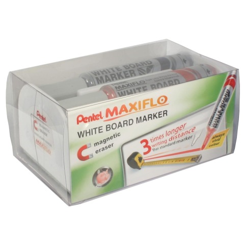 Pentel marqueur pour tableaux blancs Maxiflo jeu de 4 pièces: bleu, rouge, vert et noir + frotteur mag...