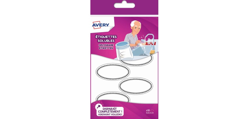 Etiketten Avery SOLUB18, wasserlöslich, oval - Packung mit 18