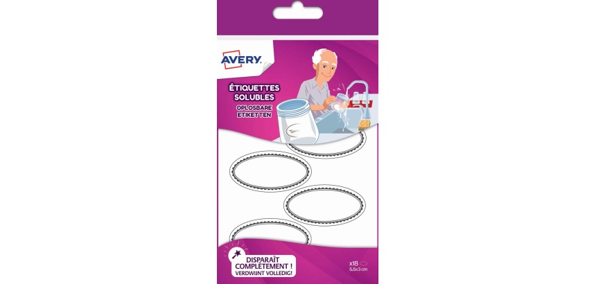 Avery Family ovale oplosbare etiketten, ft 5,5 x 3 cm, ophangbare etui met 18 etiketten