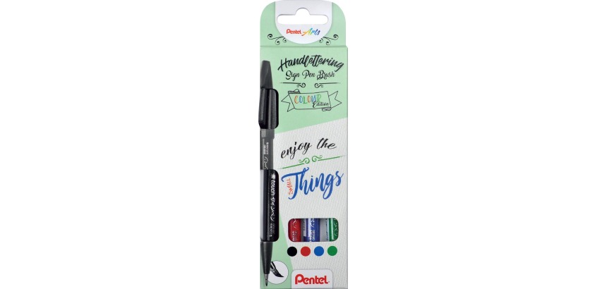 Pentel feutre pinceau Sign Pen Brush Touch, étui cartonné avec 4 pièces: noir, bleu, rouge et vert
