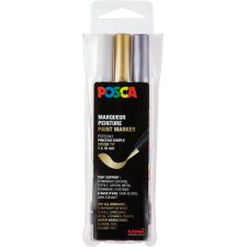 Posca paintmarker PCF-350, brush tip, étui van 3 stuks, assorti (goud, zilver en wit)