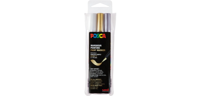 Posca paintmarker PCF-350, pointe pinceau, étui de 3 pièces, assorti (or, argent et blanc)