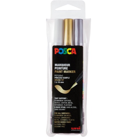 Posca paintmarker PCF-350, brush tip, étui van 3 stuks, assorti (goud, zilver en wit)