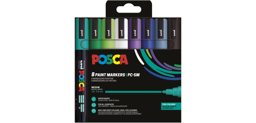 Uni POSCA Malstift PC-5M, 1,8 - 2,5 mm, Satz mit 8 Stück in kühlen Farben